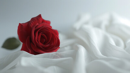 A velvety red rose paired with a fabric heart, set against a pure white background, creating a clean and minimalistic yet romantic composition.