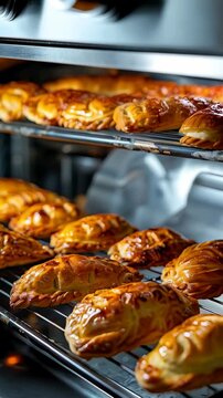 Freshly baked Moldovan placinte, traditional filled pastries with either savory cheese or sweet fruit fillings, cooling on a wire rack. This ethnic delicacy showcases the unique flavors