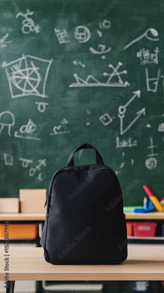 Poster Black backpack sitting on a desk in an empty classroom with a green chalkboard full of drawings and formulas in the background, ready for back to school