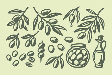 Olives branches and oil sketch doodle vector illustration

