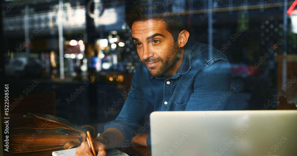Poster coffee shop, thinking and man by window for writing ideas, proposal and research on laptop. cafe, fr