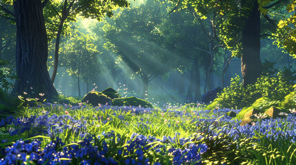 A vibrant spring scene of a forest clearing, with sunlight streaming through the canopy onto a carpet of blooming bluebells and lush greenery.