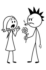 Cartoon vector illustration of shocked young woman on date with punk man (mohawk, cigar, flower). Humorous stick figure style, contrasting characters.