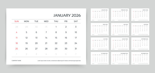 Calendar for 2026 year. Planner template. Monthly calender organizer. Week starts Sunday. Desk schedule grid with 12 month. Corporate yearly diary layout. Horizontal simple agenda. Vector illustration