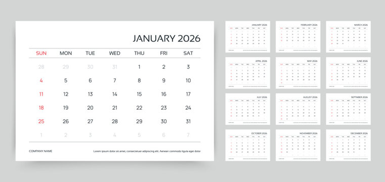 Calendar for 2026 year. Planner template. Monthly calender organizer. Week starts Sunday. Desk schedule grid with 12 month. Corporate yearly diary layout. Horizontal simple agenda. Vector illustration