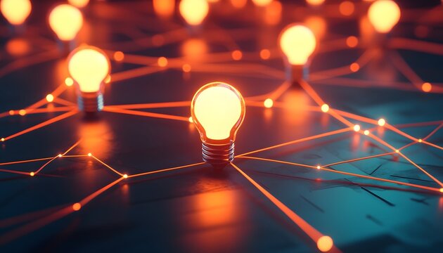 Illuminated light bulbs connected by network lines.