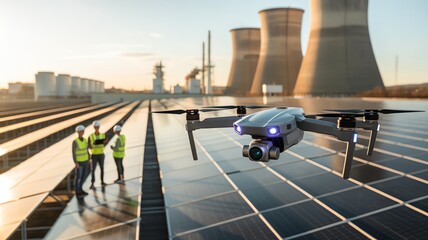 Drone flying over solar panels at power plant with engineers discussing in background, showcasing renewable energy.