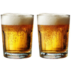 Two glasses filled with golden, bubbly beer topped with a thick foamy head.