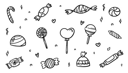 Hand-drawn candy collection in doodle sketch style. Set of various sweet treat elements, isolated on white background. Perfect for packaging, kids’ designs, party invitations, and sweets branding.