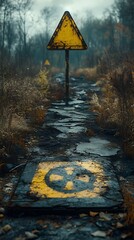 Desolate nuclear test site with hazard symbol High Resolution Picture