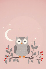 Fototapeta premium Minimalist Cartoon Owl on Branch with Crescent Moon and Stars – Soft Pastel Pink