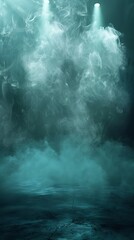 Fototapeta premium Ethereal turquoise mist illuminated by twin spotlights on a cracked stage