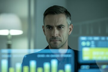 Focused professional analyzing digital data on futuristic transparent screens, merging technology and business innovation.