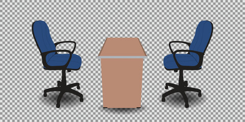 Two stylish blue executive chairs facing each other with a plywood table in between, side view from a slightly top angle