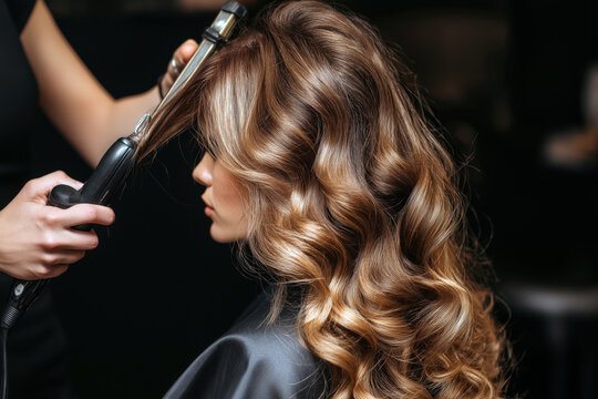 Female stylist using curling iron to create voluminous waves for a glamorous client, beauty session moment.