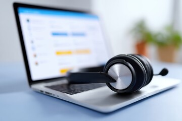 E-learning concept with a laptop, headset, and online course dashboard