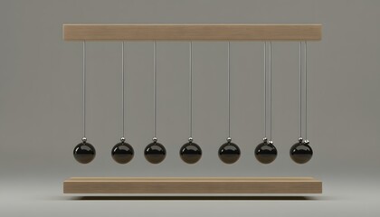 A newton's cradle suspended from a wooden frame.