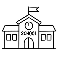 School Building Icon with Flag and Clock – Hand-Drawn Line Art for Education and Academic Themes