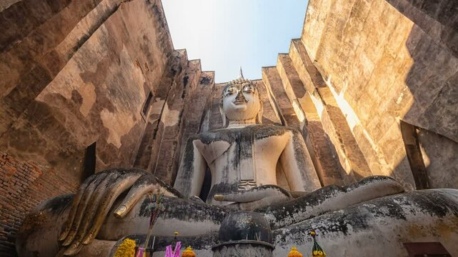 statue of ancient buddha in Sri Chum Temple in Sukhothai Historical Park, a UNESCO World Heritage Site.the famous landmark place for tourist sight seeing attraction in Sukhothai, northern Thailand