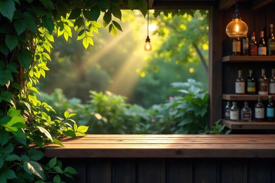 Rustic wooden bar counter nestled amongst lush greenery, sunlight dappling through leaves Perfect for a nature-themed bar or pub advertising campaign , beverage, pub, leaves