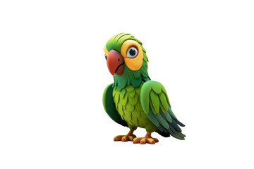 Plakat A cute cartoon parrot with green feathers, a red beak, and yellow accents, standing on a transparent background. background removed
