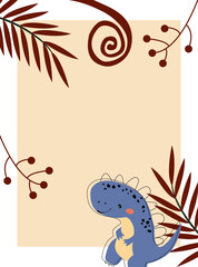 Dinosaur vector card template. Children's set with cute dinosaurs and various elements. Dino baby colorful background