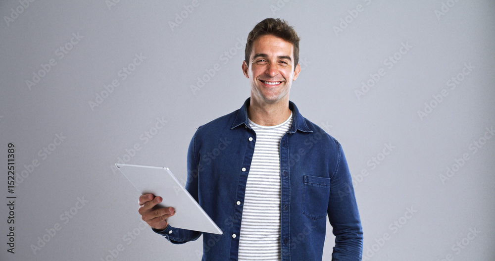 Poster tablet, man and happy with portrait in studio for education, internet and website app. smile, model 