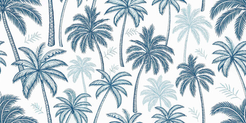Blue tropical palm tree seamless pattern. Summer beach print. Hand drawn botanical sketch, cute p