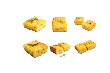 Six pieces of rosemary cornbread, some whole and some broken into two, presented against a transparent background. background removed