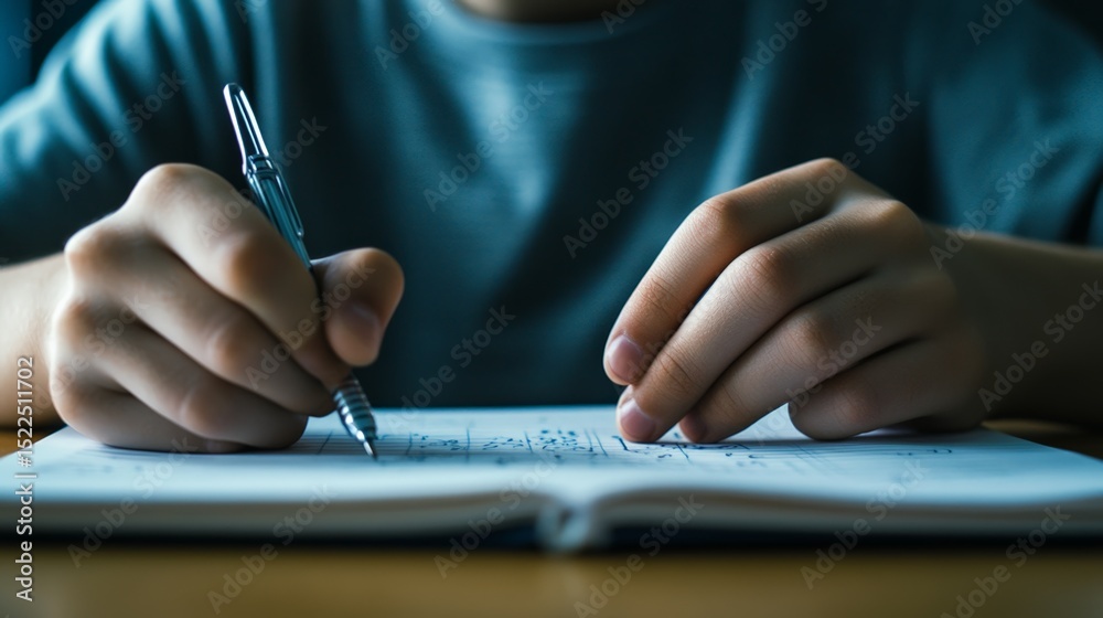 Poster Close up of student hands diligently writing in a notebook, focusing on homework assignments and exam preparations, capturing the essence of education and learning