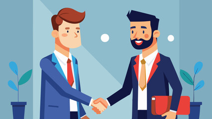 Two Cartoon Businessmen Shaking Hands, Sealing a Deal in Office Environment Setting