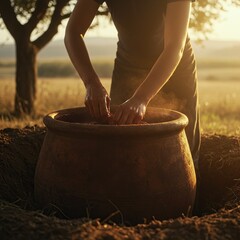 Hands Working with Grape Must in a Buried Qvevri Amphora at Sunset - Traditional Natural Winemaking Process.
