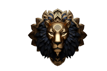 A majestic golden lion's head, adorned with intricate mandala and dark feathers. background removed