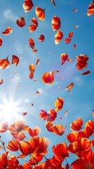 A cascade of vibrant orange poppy petals dancing against a bright blue sky, kissed by the sun