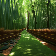Fototapeta premium Path winding through a dense bamboo forest.