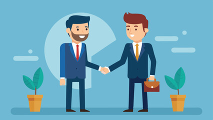 Cartoon Businessmen Handshake with Charts, Plants, Briefcase on Light Blue Background Illustration