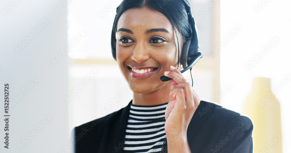 Poster call center, businesswoman and computer with headset for customer service, crm support and talking. 