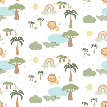 Seamless children's patterns in pastel colors. With the image of animals Africa.