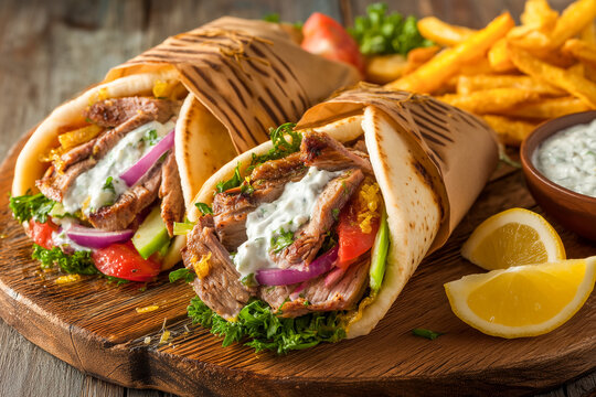Fototapeta greek gyros wrap with tzatziki top view