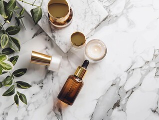 Luxury cosmetic products on marble background – top view mockup