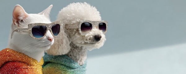 Stylish Cat and Dog in Glamorous Sunglasses and Rainbow Outfits