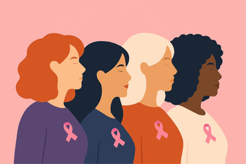 Side View Of Multi-ethnic Women Group With Pink Ribbons. Breast Cancer Awareness And Support Concept.