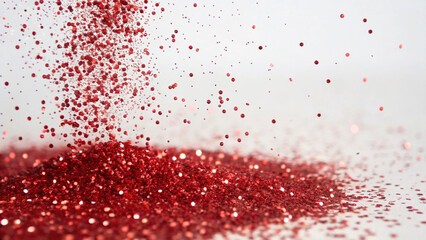 Captivating photo of ruby red glitter actively falling, showcasing its dazzling sparkle and rich, festive color.