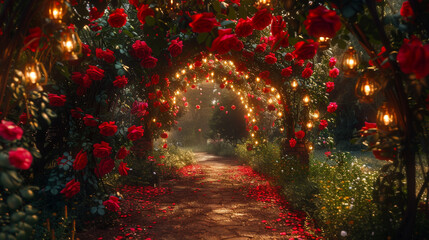 A wide garden pathway bordered by towering rose bushes bursting with crimson blooms, with small lanterns hanging from the branches for an enchanting ambiance.