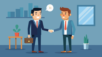 Cartoon Businessmen Handshake in Office, Illustration with Briefcase, Desk Plant, Clock Speech Bubble, and Wall Art