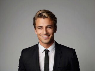 portrait of a handsome smiling white young american businessman boss in a black suit