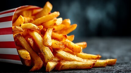 Crispy golden potato fries spilling out of a red-and-white striped paper bag, neatly arranged on a smooth slate-gray background