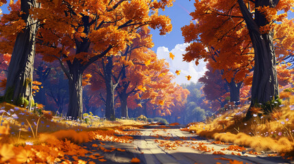 A winding country road lined with towering trees in brilliant shades of orange and yellow, with fallen leaves scattered across the path under a vivid blue sky.