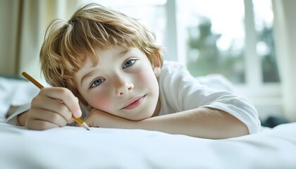 Young boy lying on a bed, drawing with a pencil.