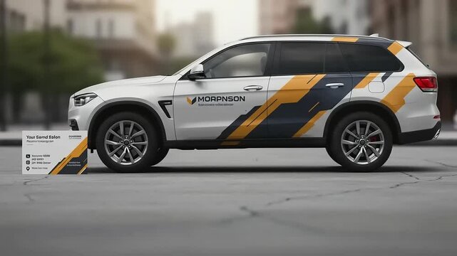 A branded SUV parked on an urban street with a promotional sign, showcasing modern design elements